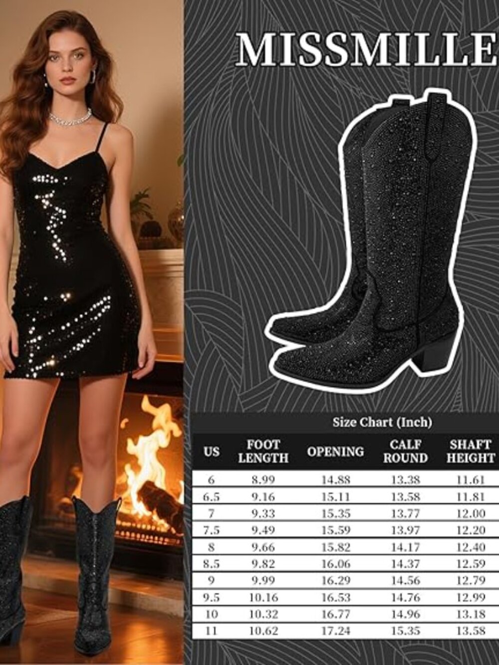 Women's Black-a faux leather Pointed Toe Heel Cowgirl Boots with Pull On Tabs - Picture 3 of 4